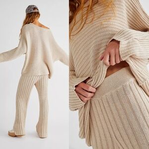 Free People Beach FP Ribbed Knit Pants Imogene Cream High Rise Wide Leg